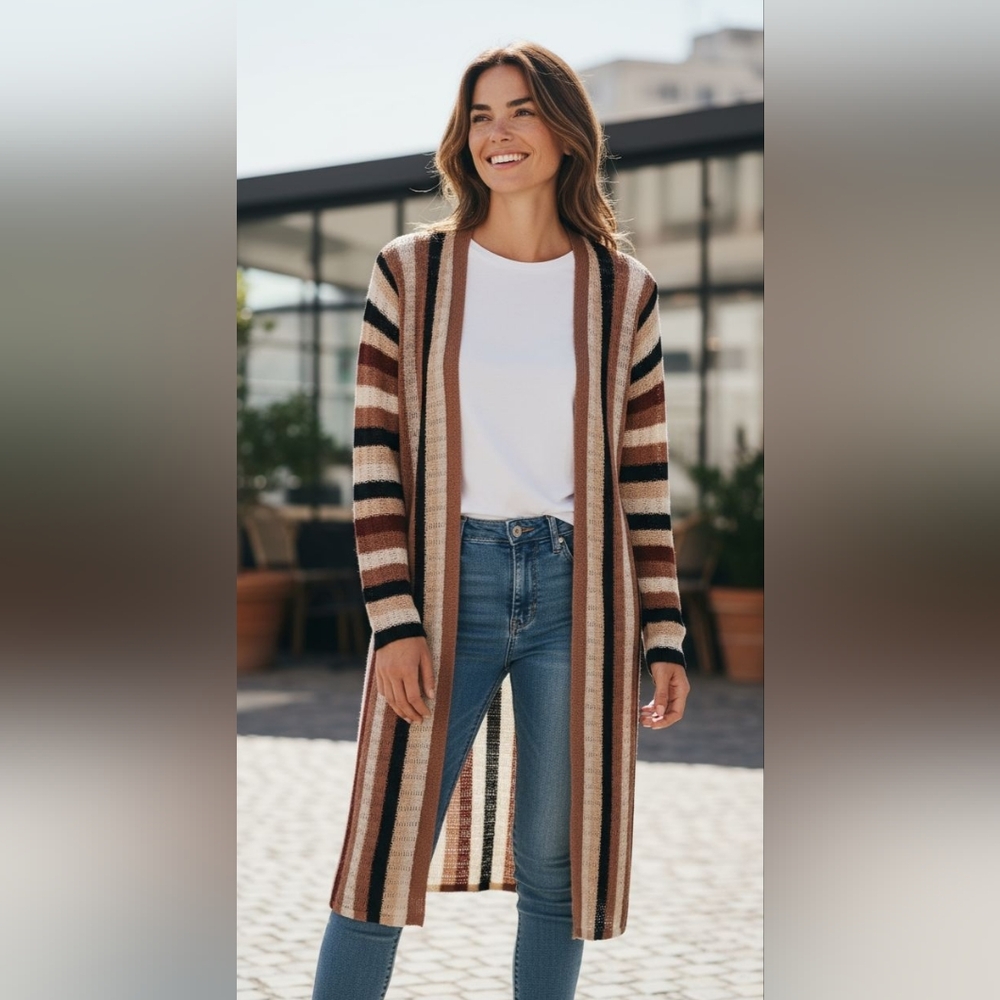 Womens long length striped cardigan sweater. Size Large